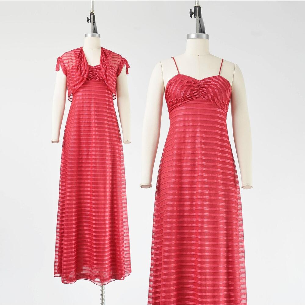 Vintage 70s Red Empire Waist Spaghetti Strap Maxi Dress Cropped Bolero Jacket XS
